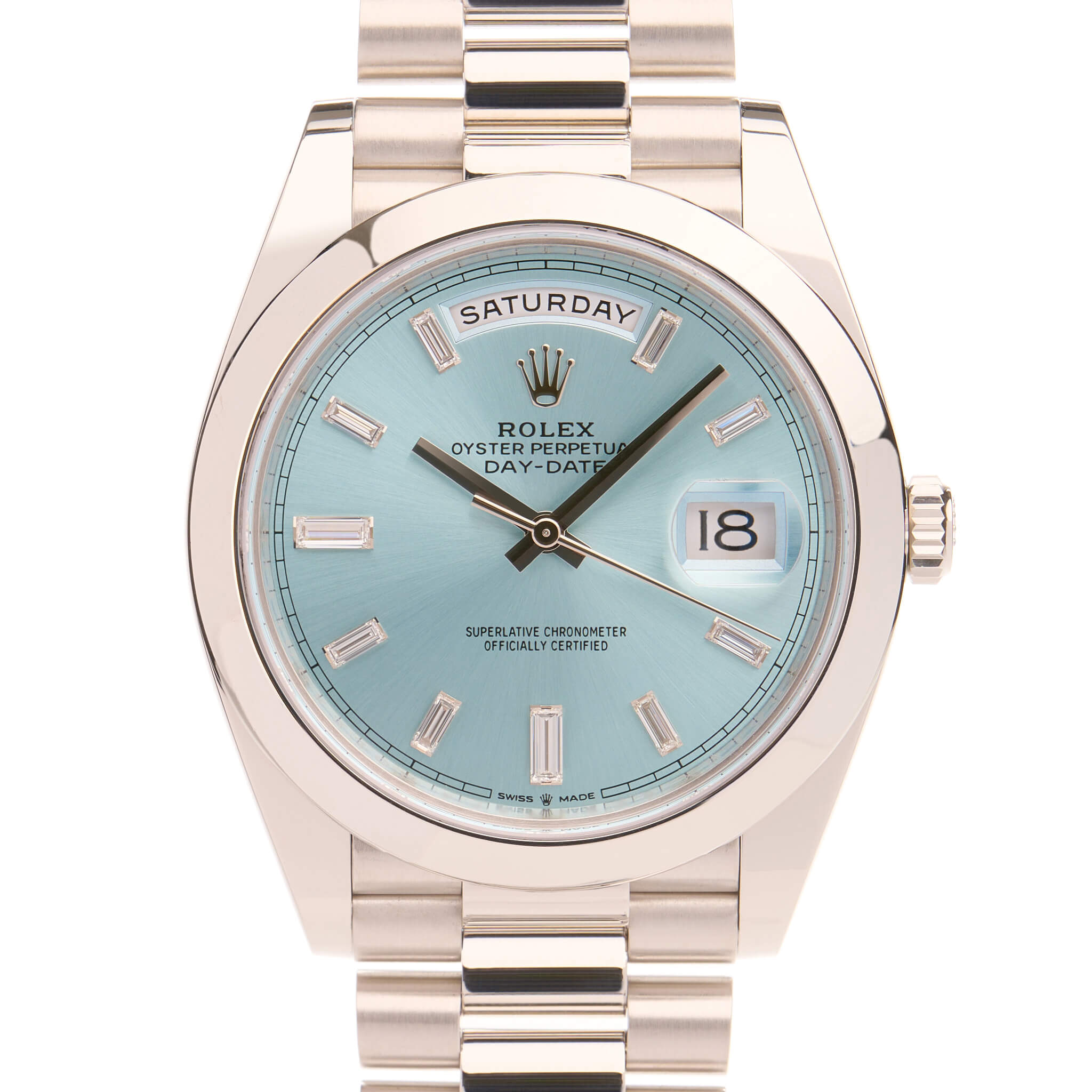 Rolex Day-Date 40 Ice Blue Baguette Diamond Dial Watch