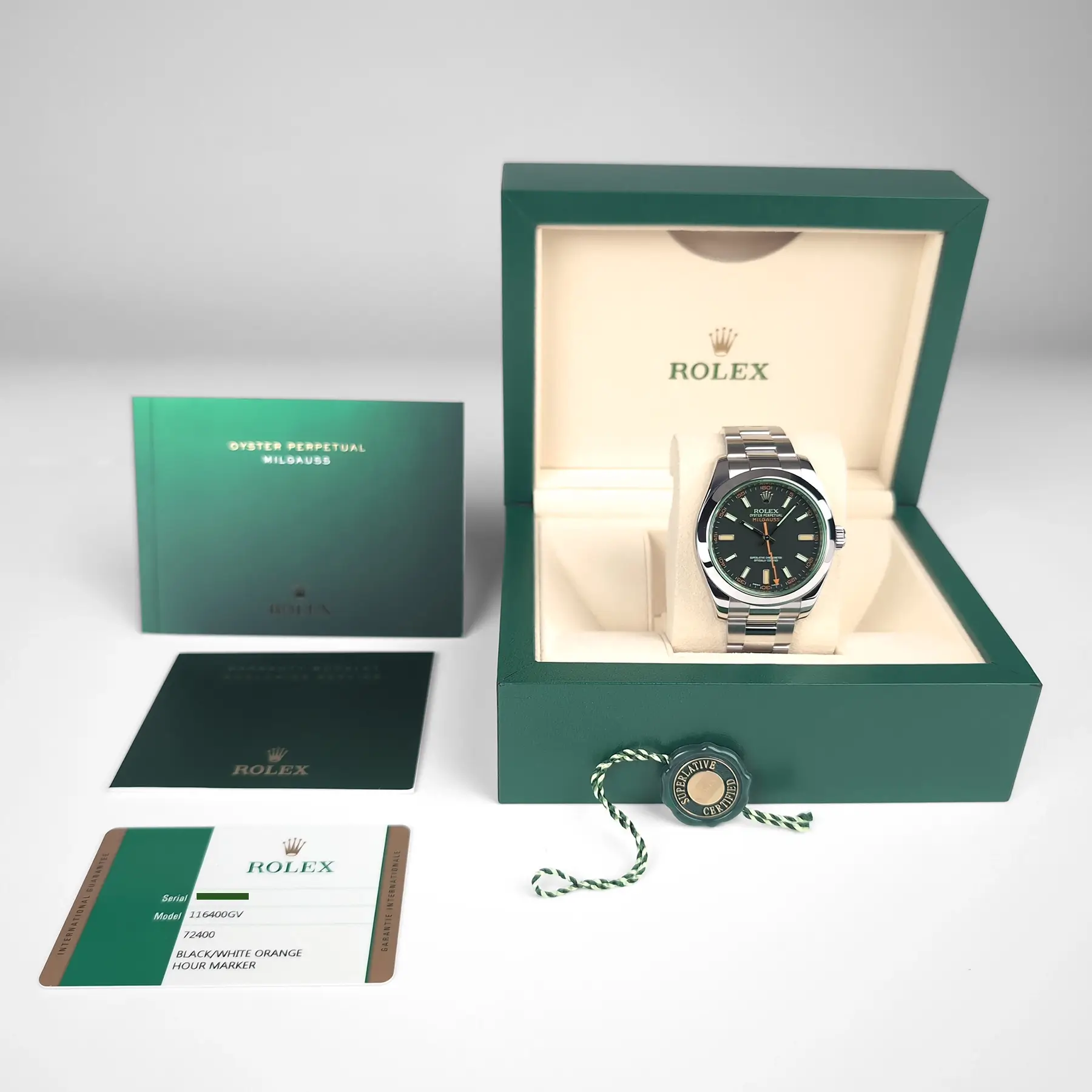 Rolex Milgauss 116400GV Black Dial Green Crystal 19 748 Box and Card
